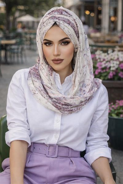 Mürdüm Ekru Desenli Hazır Şifon Şal