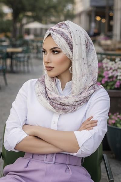 Mürdüm Ekru Desenli Hazır Şifon Şal