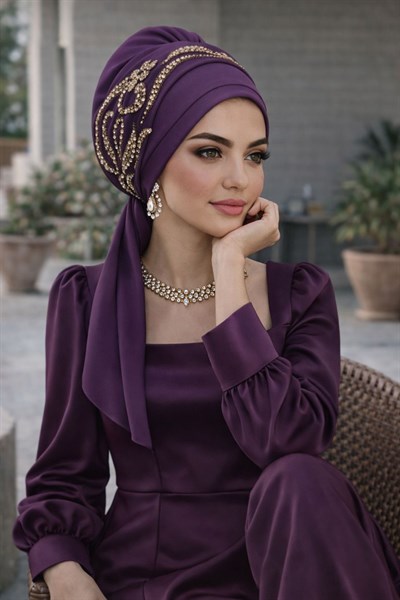 Mürdüm Gold Motifli Atkılı Abiye Bone