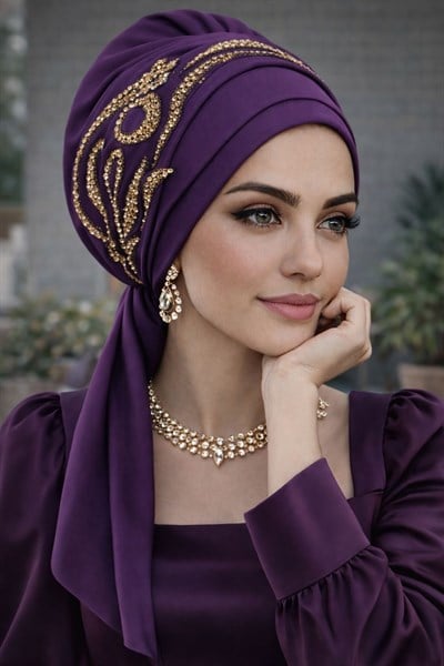 Mürdüm Gold Motifli Atkılı Abiye Bone