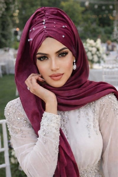 Mürdüm Işıltılı Taşlı Abiye Şal