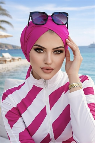 Neon Pembe Çapraz Bantlı Deniz - Havuz Bonesi