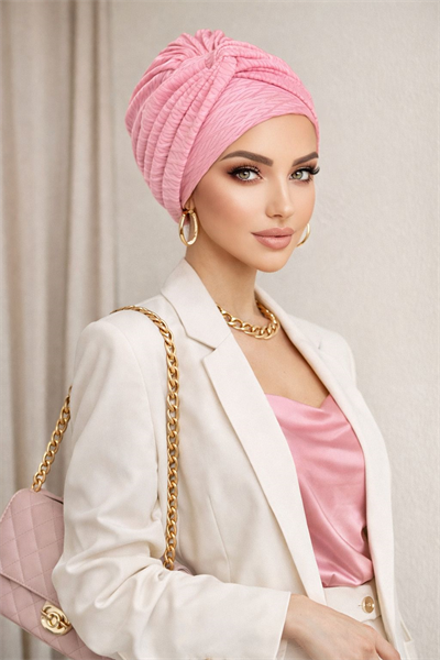 Pembe Kendinden Desenli Burgu Detaylı Bone