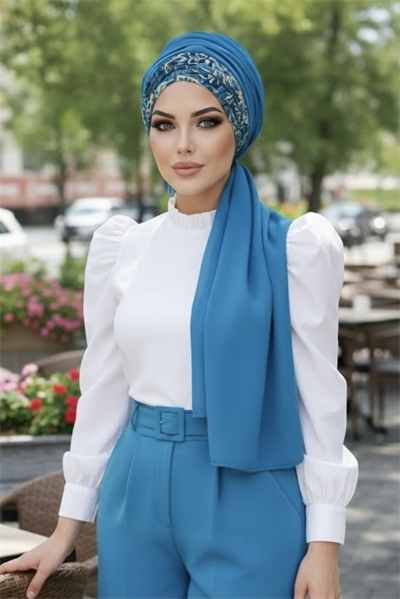 Petrol  Çiçek Desen Hazır Şal