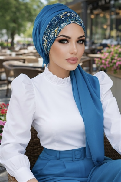 Petrol  Çiçek Desen Hazır Şal