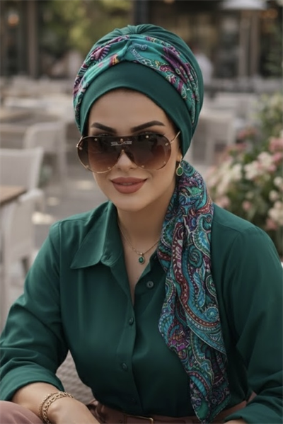 Petrol Etnik Fularlı Bone-40602