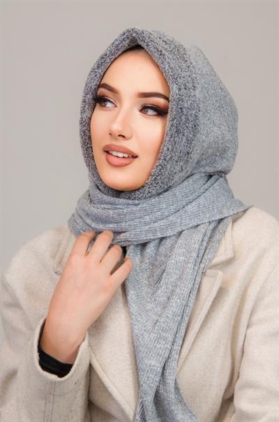 Gri Kürk Kapüşonlu Çıtçıtlı Şal