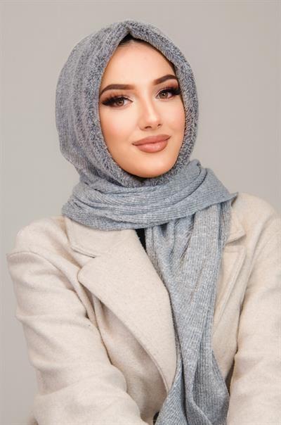 Gri Kürk Kapüşonlu Çıtçıtlı Şal