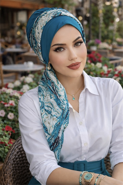 Petrol Mavi Beyaz Desen Fularlı Bone