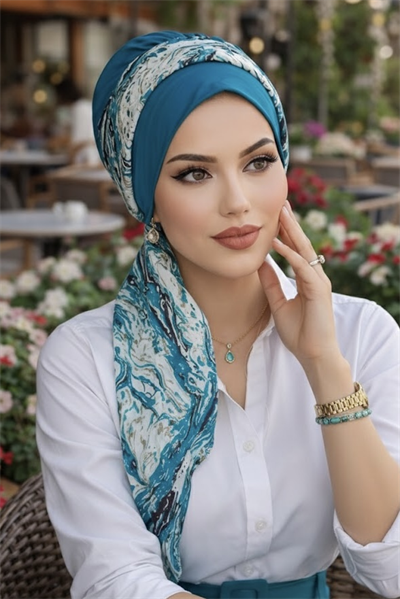 Petrol Mavi Beyaz Desen Fularlı Bone