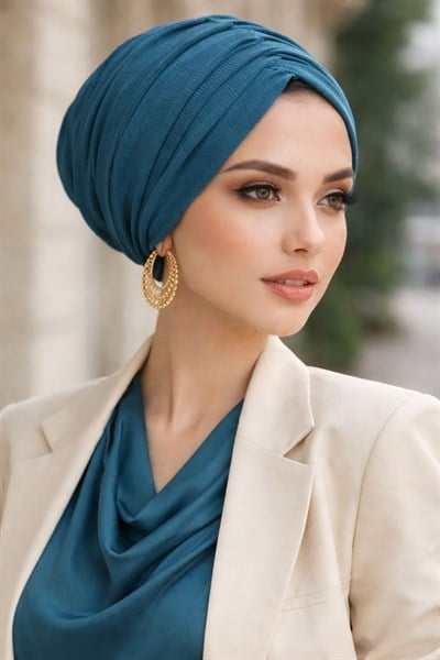 Petrol Mavi Büzgülü Salaş Bone