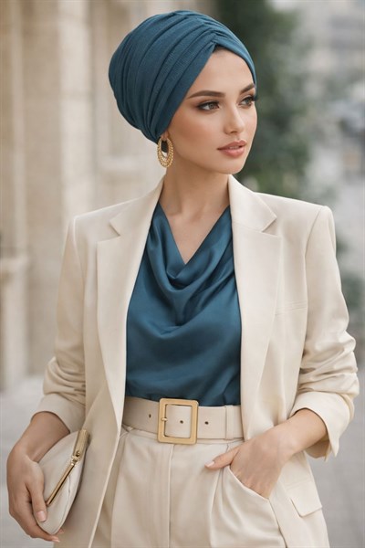 Petrol Mavi Büzgülü Salaş Bone