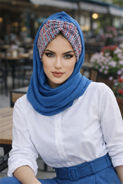 Petrol Mavi Renkli Hazır Şal