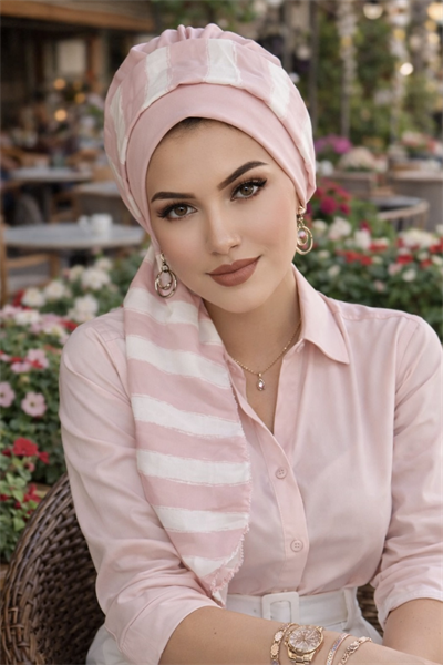 Pudra Beyaz Çizgi Desenli Fularlı Bone