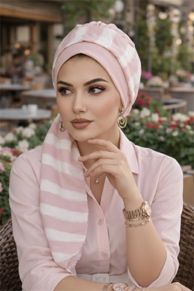 Pudra Beyaz Çizgi Desenli Fularlı Bone