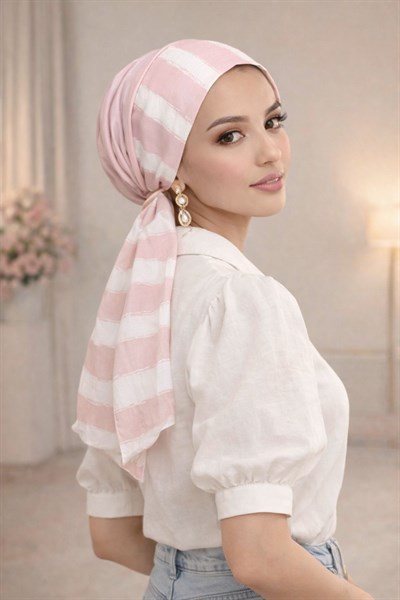 Pudra Beyaz Desenli Eşarp Bone