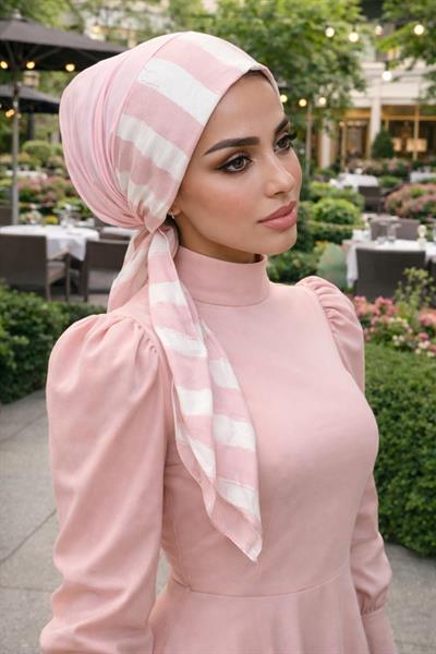 Pudra Beyaz Desenli Eşarp Bone