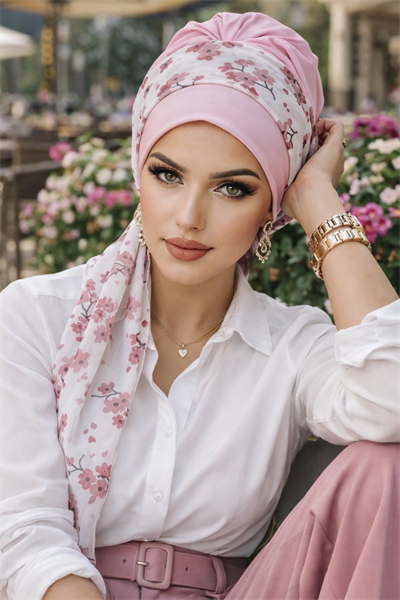 Pudra Çiçek Desen Fularlı Bone