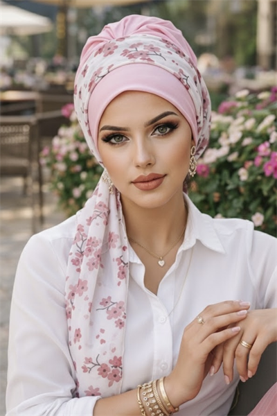 Pudra Çiçek Desen Fularlı Bone