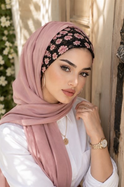 Pudra Çiçekli Bandana Önü Düz Hazır Şal