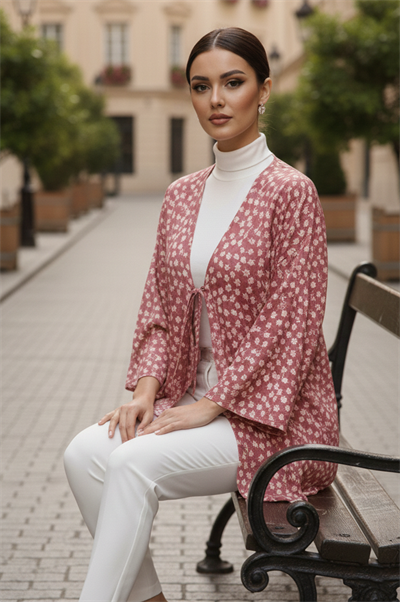 Pudra Çiçekli Önü Bağlamalı Kimono Tunik / Ütü İstemez 85 CM BOY