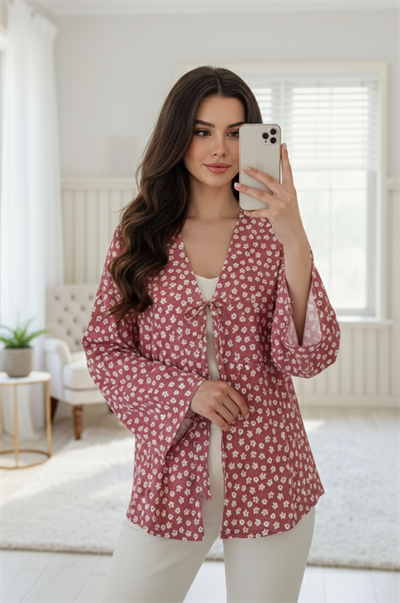Pudra Çiçekli Önü Bağlamalı Kimono Tunik / Ütü İstemez 85 CM BOY