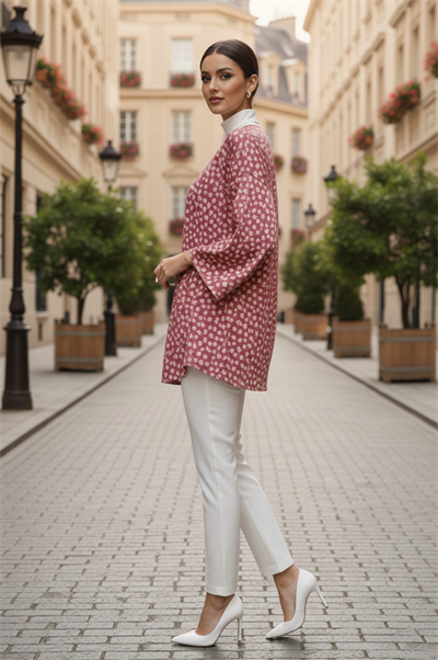 Pudra Çiçekli Önü Bağlamalı Kimono Tunik / Ütü İstemez 85 CM BOY