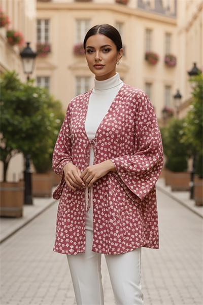 Pudra Çiçekli Önü Bağlamalı Kimono Tunik / Ütü İstemez 85 CM BOY