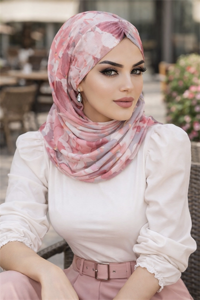 Pudra Gri Desenli Hazır Şal Eşarp