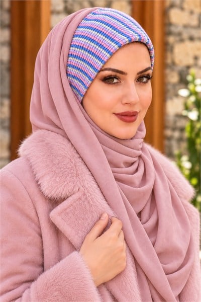 Pudra İndigo Triko Bağcıksız Bandana Hazır Şal