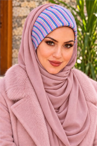 Pudra İndigo Triko Bağcıksız Bandana Hazır Şal