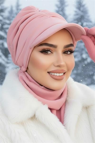 Pudra Kışlık Büzgülü Tesettür Şapka Ve Etol Takım
