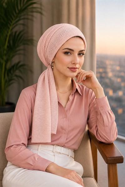 Pudra Kordone Kumaş Likralı Eşarp Bone