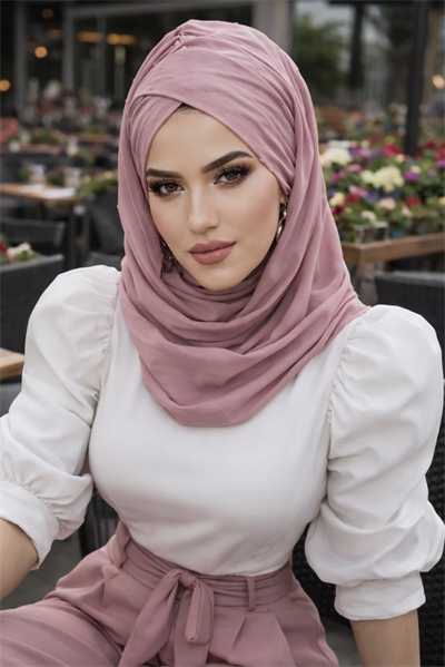 Pudra Ponpon Çapraz Bantlı Hazır Şal