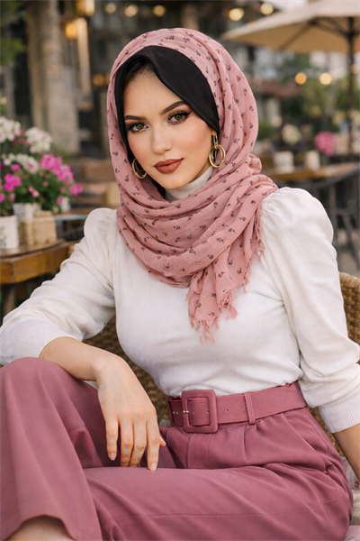 Pudra Siyah Baskılı Şapka Şal