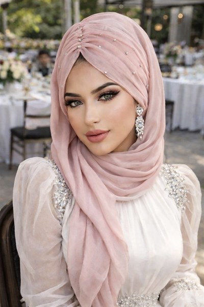 Pudra Taş Detay Büzgülü Abiye Şal