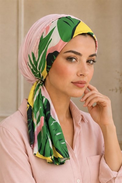 Pudra Yaprak Desen Eşarp Bone