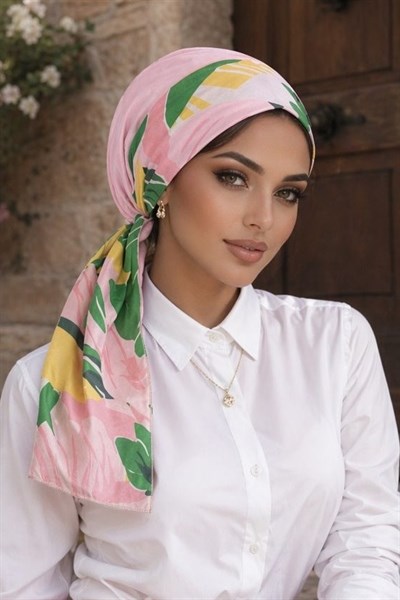 Pudra Yaprak Desen Eşarp Bone