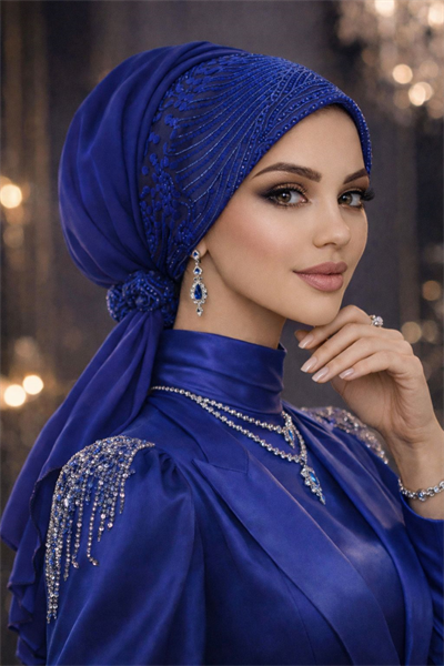 Saks Mavi Abiye Tokalı Bone / Hazır Duvak