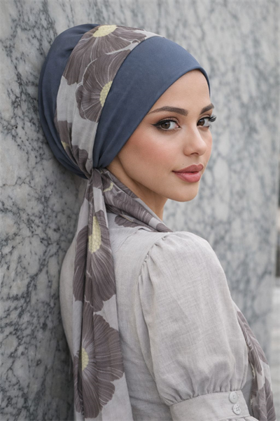 Gri Çiçek Desen Fularlı Bone