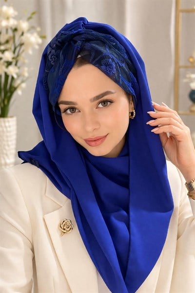 Saks Mavi Burgu Hazır Şal