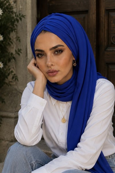 Saks Mavi Büzgülü Kelebek Bone Şal