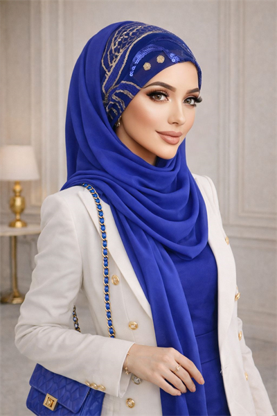 Saks Mavi Gold Payetli Hazır Abiye Şal