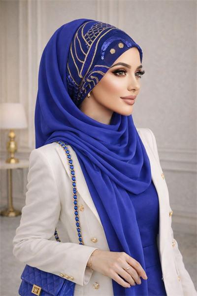 Saks Mavi Gold Payetli Hazır Abiye Şal