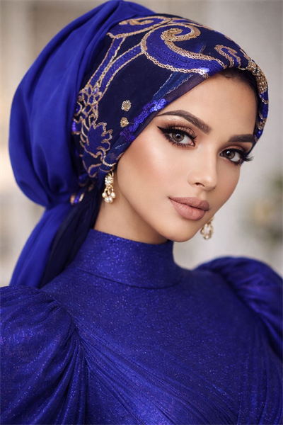 Saks Mavi Payetli Abiye Tokalı Bone / Hazır Duvak