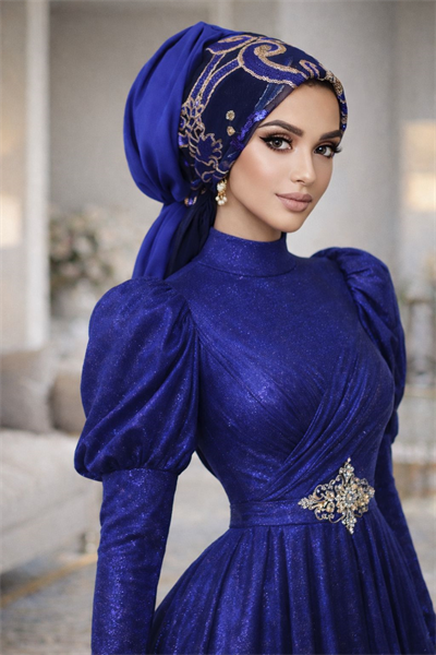 Saks Mavi Payetli Abiye Tokalı Bone / Hazır Duvak