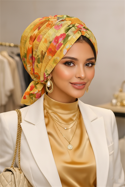 Sarı Çiçek Desenli Tokalı Bone