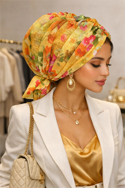 Sarı Çiçek Desenli Tokalı Bone