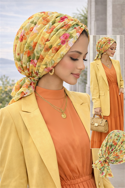 Sarı Çiçek Desenli Tokalı Bone