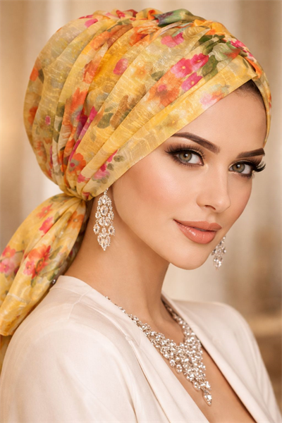 Sarı Çiçek Desenli Tokalı Bone